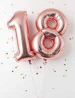 Number 18 balloon with confetti on white background 3d rendering stock photo