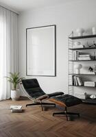 Artwork frame mockup, home interior wall preview. Cozy living space styling with elegant backdrop. Decorative modern layout. 3D digital scene. photo