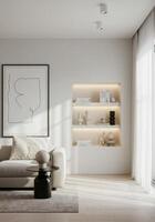 Frame concept preview, elegant wall art mockup. Stylish house interior with decorative ambiance. photo