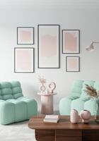 Wall poster frame, stylish home decor sample. Contemporary lounge backdrop with artistic elements. Sleek room setup. 3D rendered concept. photo