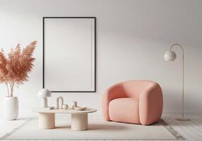 Home wall display, trendy interior frame. Stylish lounge setup with modern furnishings. Decorative ambiance showcase. 3D rendered visualization. photo
