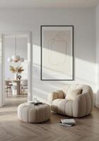 Wall decor poster, stylish living room scene. Modern home backdrop with artistic frame display. Sleek design presentation. 3D modeled space. photo