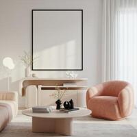 Living space frame setup, elegant home decor. Stylish wall display with contemporary background. Trendy interior concept. 3D render scene. photo