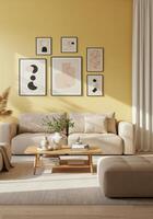 Frame display, living space wall art preview. Home backdrop with stylish decor. Contemporary room setup. 3D visualization. photo
