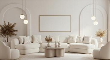 Interior decor frame, elegant lounge poster mockup. Artistic room styling with cozy ambiance. Modern furnishing concept. 3D digital render. photo