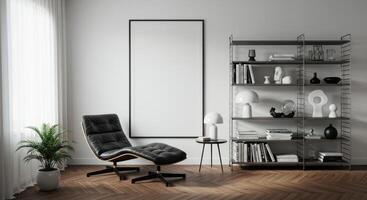 Wall frame setup, trendy home decor scene. Cozy interior backdrop with modern furnishings. Elegant styling concept. 3D render. photo