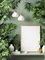 Mock up poster on green wall with tropical plants and vases 3d rendering photo