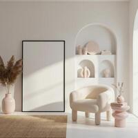 Interior wall art, trendy living space setup. Elegant house background with modern furnishings. Decorative styling preview. 3D visualization. photo
