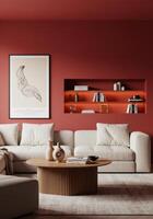 Artwork frame preview, elegant living room wall poster. Stylish home backdrop for interior concept. Trendy decor visualization. 3D render. photo