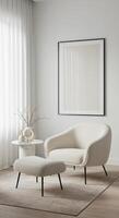 Frame setup, modern home decor preview. Trendy living room ambiance with artistic backdrop. Cozy scene visualization. 3D digital render. photo