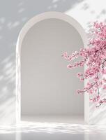 An open doorway with a pink cherry tree in front of it photo