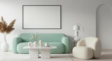 Interior wall decor, stylish poster preview. Trendy living room setup with artistic elements. Cozy ambiance visualization. 3D modeled scene. photo