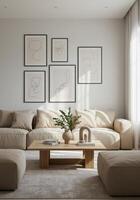 Interior wall frame, home decor poster layout. Stylish residence backdrop with modern elements. Elegant aesthetic presentation. 3D visualization. photo