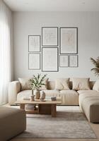 Poster frame concept, chic home lounge preview. Elegant house interior with artistic decor. Contemporary scene visualization. 3D rendered. photo