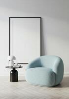 Frame design showcase, modern living room poster preview. Artistic home background with sleek setup. photo