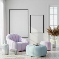 Modern interior frame, cozy wall decor display. Stylish home ambiance with trendy furnishings. Elegant poster showcase. 3D visualization. photo