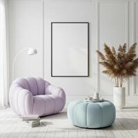 Stylish poster showcase, living space preview. Elegant room styling with modern decor. Cozy house backdrop display. 3D artistic render. photo