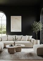Home wall frame, stylish poster setup. Contemporary living room decor with elegant backdrop. Decorative interior concept. 3D digital scene. photo
