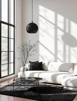 A modern living room with white furniture and large windows photo