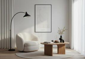 Poster preview, living space wall display. Stylish home backdrop with decorative furnishings. Modern ambiance showcase. 3D artistic render. photo