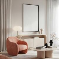 Interior wall display, stylish poster mockup. Contemporary lounge setup with decorative backdrop. Elegant modern styling. 3D visualization. photo