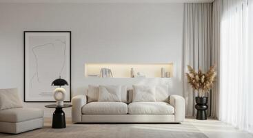 Interior decor mockup, trendy frame setup. Cozy home background with stylish wall poster display. photo