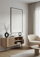 Frame preview, stylish home wall setup. Cozy living room backdrop with trendy furnishings. Decorative ambiance display. 3D model. photo