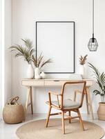 A white room with a wooden chair, a lamp and a framed picture photo