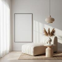 Interior styling, trendy poster frame. Elegant home backdrop with cozy decor. Decorative ambiance visualization. 3D modeled scene. photo