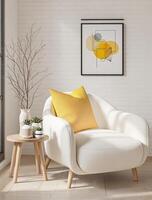 A white chair with yellow pillows and a picture on the wall photo