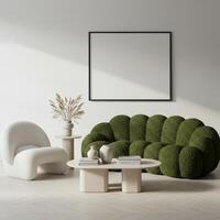 Trendy frame preview, modern home wall art setup. Cozy house backdrop with decorative ambiance. photo