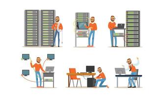 Man Engineer Working in Server Room. Digital Computer Center and Data Support vector
