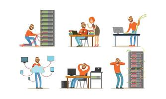 Man Engineer Working in Server Room. Digital Computer Center and Data Support vector