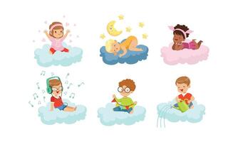 Smiling Kids Sitting on Clouds and Doing Different Things Illustrations Set vector