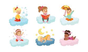 Smiling Kids Sitting on Clouds and Doing Different Things Illustrations Set vector