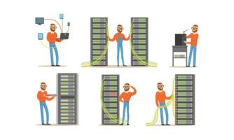 Man Engineer Working in Server Room. Digital Computer Center and Data Support vector