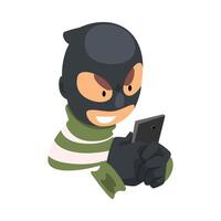 Data Theft. Hacker Wearing Mask Breaking into Smartphone Illustration vector