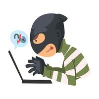 Data Theft. Hacker Wearing Mask Breaking into Laptop Illustration vector