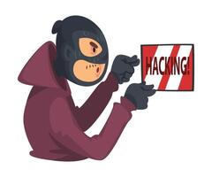 Data Theft. Hacker Wearing Mask Breaking into Electronic Device Illustration vector
