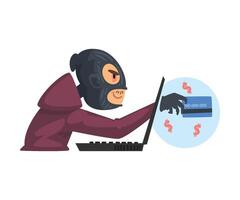 Hacker Man Wearing Gloves and Mask Breaking into Laptop Illustration vector
