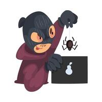 Hacker in Mask and Gloves Trying to Spy on the Laptop Illustration vector