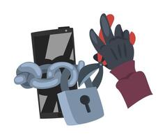 Data Theft. Hacker Wearing Gloves Breaking into Smartphone Illustration vector