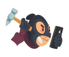 Data Theft. Hacker Wearing Mask Breaking into Smartphone Illustration vector