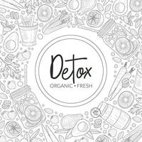 Pattern of contours of fruits and vegetables around a round frame. illustration. vector