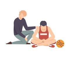Two Men Sitting on Floor and One Supporting Another By Putting Hand on His Shoulder Illustration vector