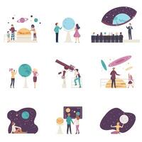 People Characters Visiting Planetarium Illustrations Set vector