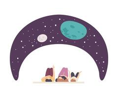 People Characters Lying on Floor and Watching Starry Sky Projection Illustration vector