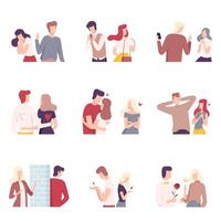 Man and Woman Experiencing Unrequited Feelings Set, Indifferent Partners and Fans in Love, One Sided or Rejected Love Flat Illustration vector