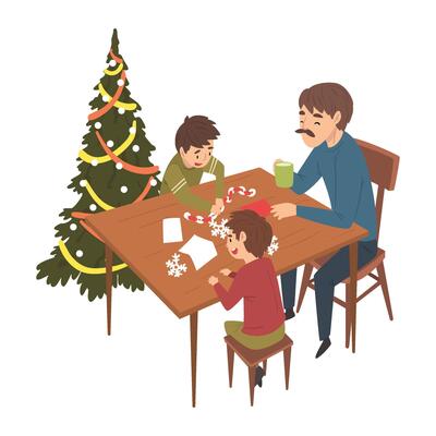 Father and His Two Sons Sitting at the Table and Making Paper Garland, Family Decorating Christmas Tree, Christmas Eve, New Year Celebration Illustration
