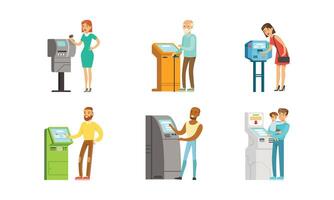 People Characters Using Payment Terminal Illustrations Set vector